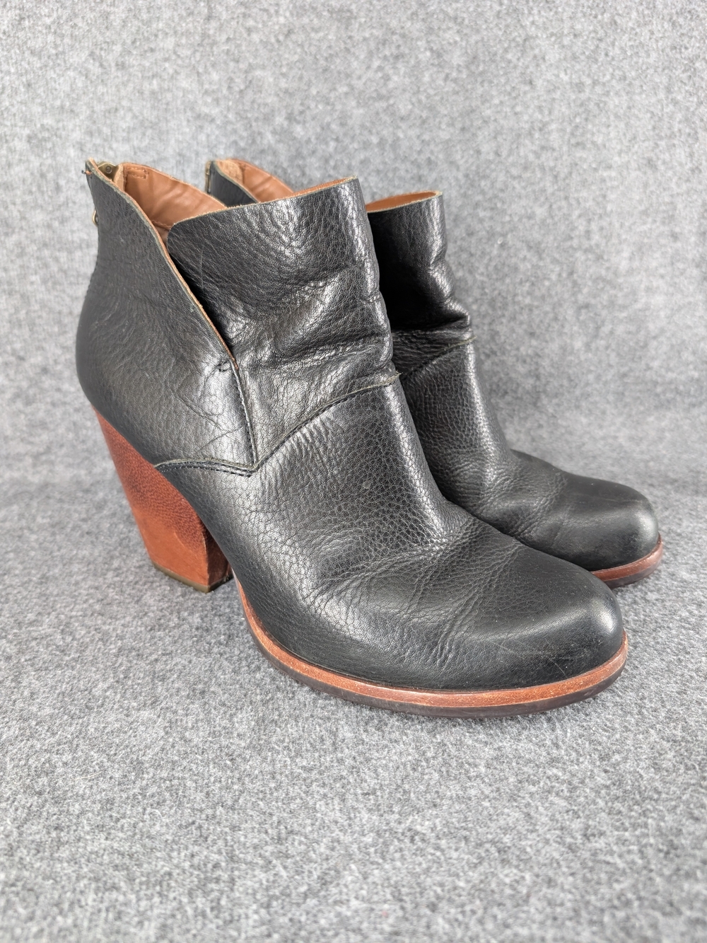 Kork-Ease Black Leather Ankle Booties with Brown Block Heel
